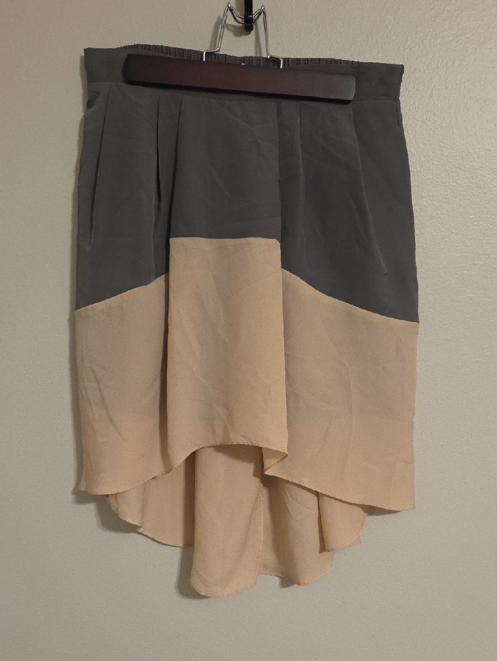 BCBGeneration Two-Tone High-Low Silk Skirt in Gray and Cream